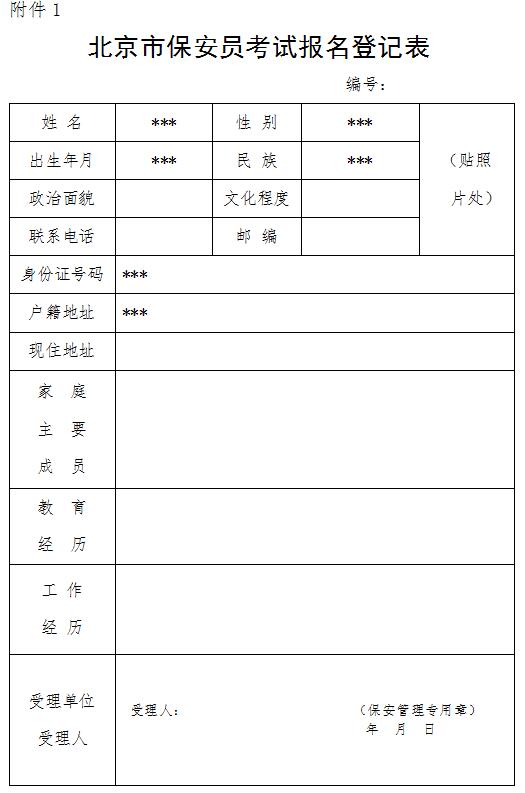 北京市保安員考試報名登記表